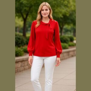 Liz Claiborne red long puff sleeve with mock neck with tie and bow woman's PL